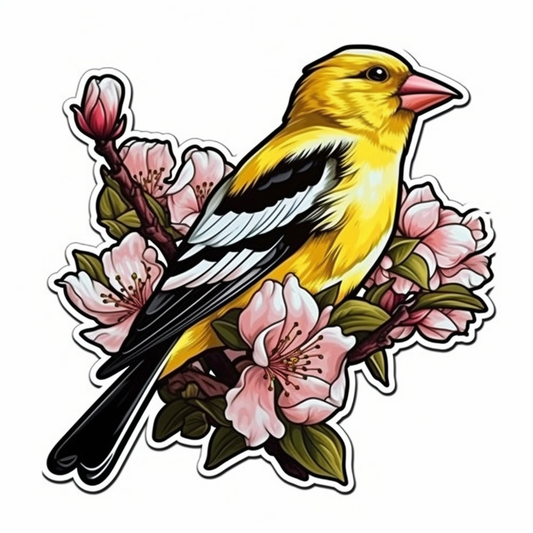 Washington American Goldfinch bird Coast Rhododendron flower  Vinyl Decal Sticker for Car, Laptop, Tumbler and more # 009920