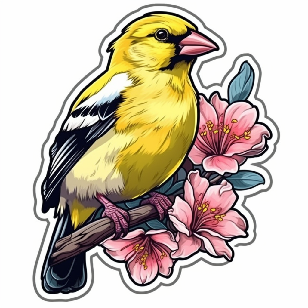 Washington American Goldfinch bird Coast Rhododendron flower  Vinyl Decal Sticker for Car, Laptop, Tumbler and more # 009923