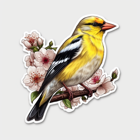 Washington American Goldfinch bird Coast Rhododendron flower  Vinyl Decal Sticker for Car, Laptop, Tumbler and more # 009899