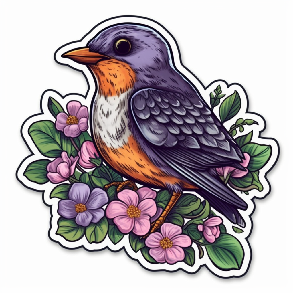 Wisconsin American Robin bird Wood Violet flower Vinyl Decal Sticker for Car, Laptop, Tumbler and more # 0010037