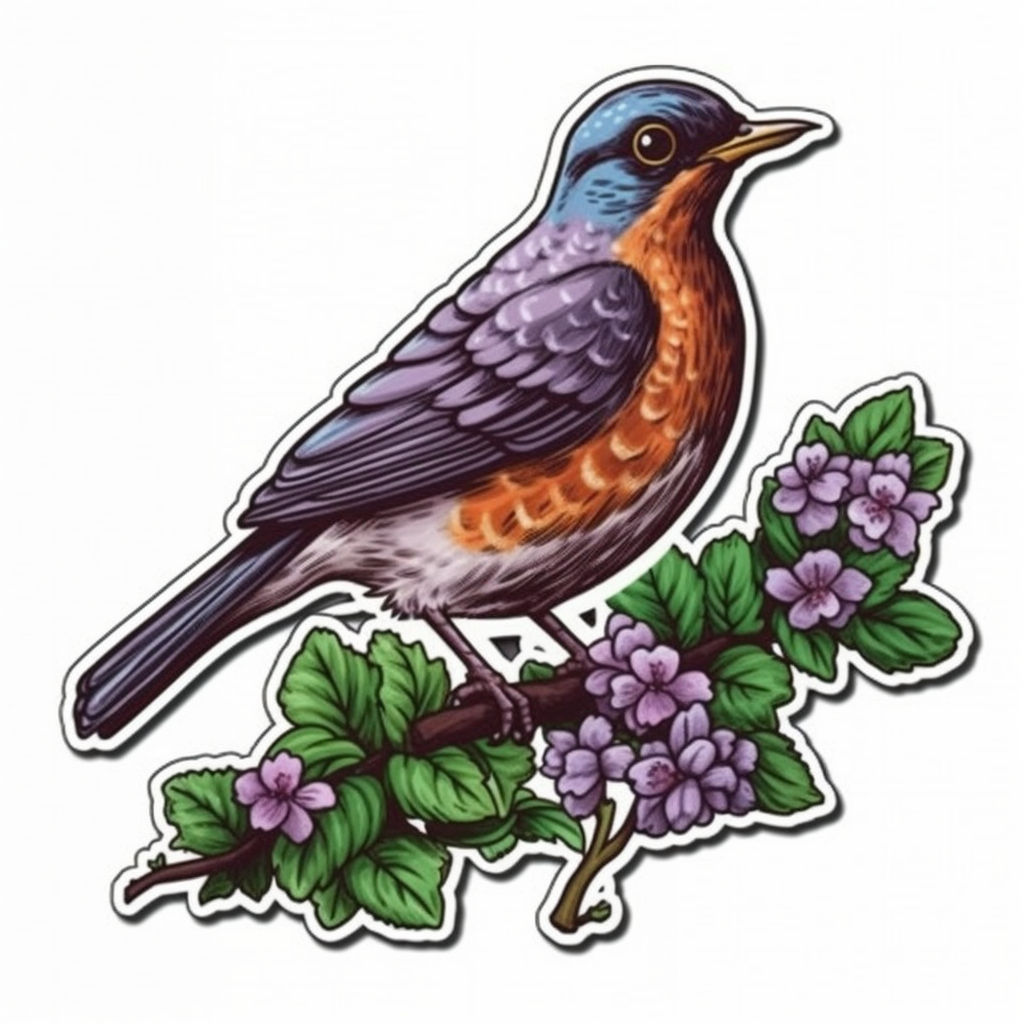 Wisconsin American Robin bird Wood Violet flower Vinyl Decal Sticker for Car, Laptop, Tumbler and more # 0010062