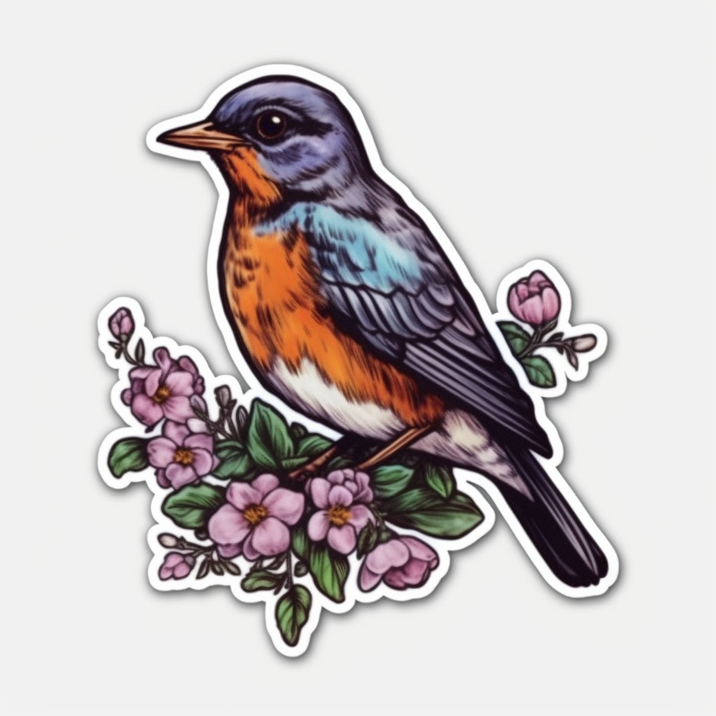 Wisconsin American Robin bird Wood Violet flower Vinyl Decal Sticker for Car, Laptop, Tumbler and more # 0010023
