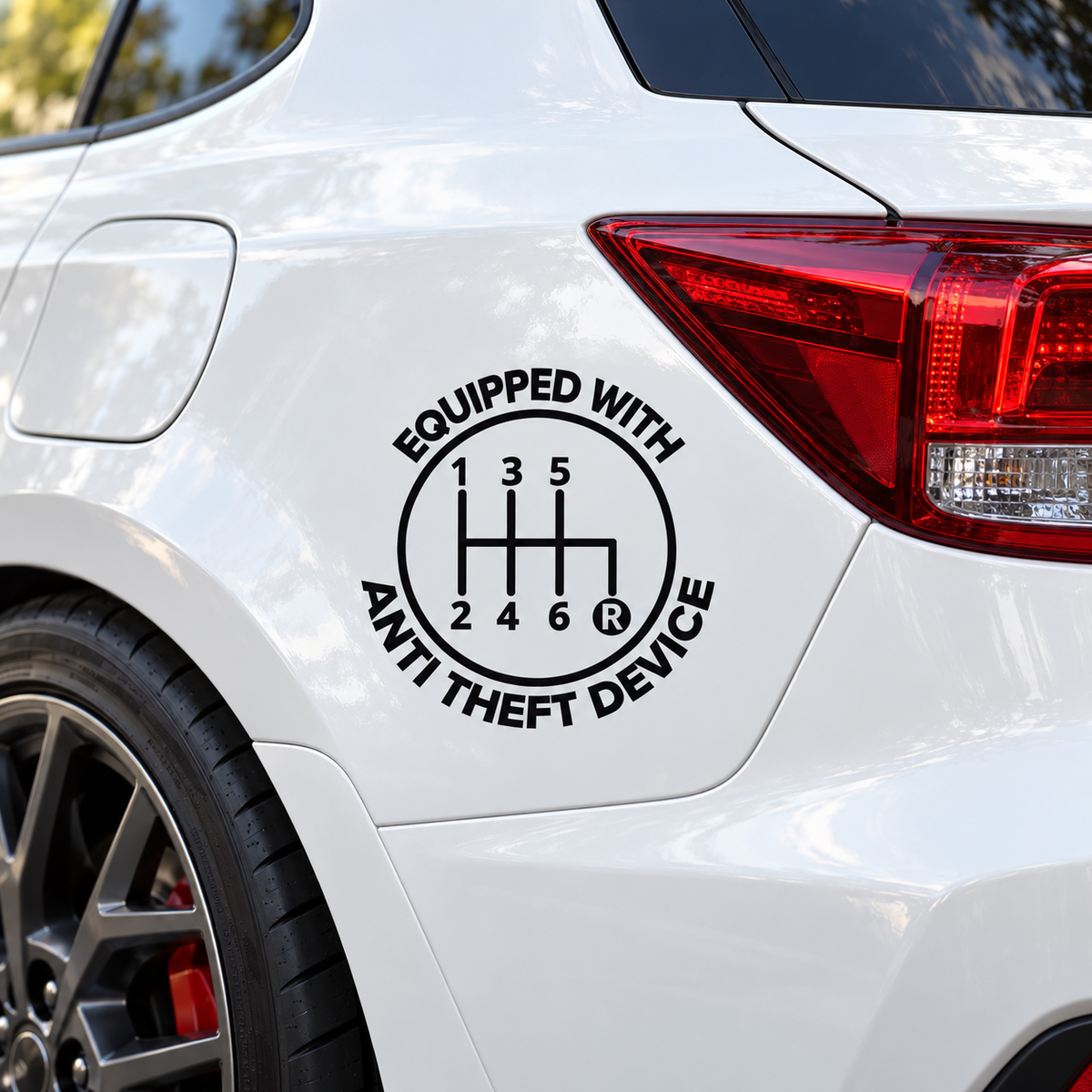 Black Equipped With Anti Theft Device six-speed transfer decal mockup on a white car body