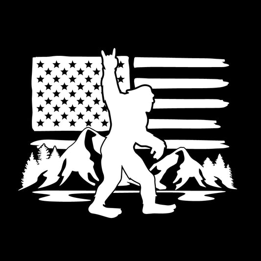 Big Foot Distressed American Flag with mountains Transfer Vinyl Decal Sticker for Car, Laptop, Tumbler and more # 0011338-8" x 8"