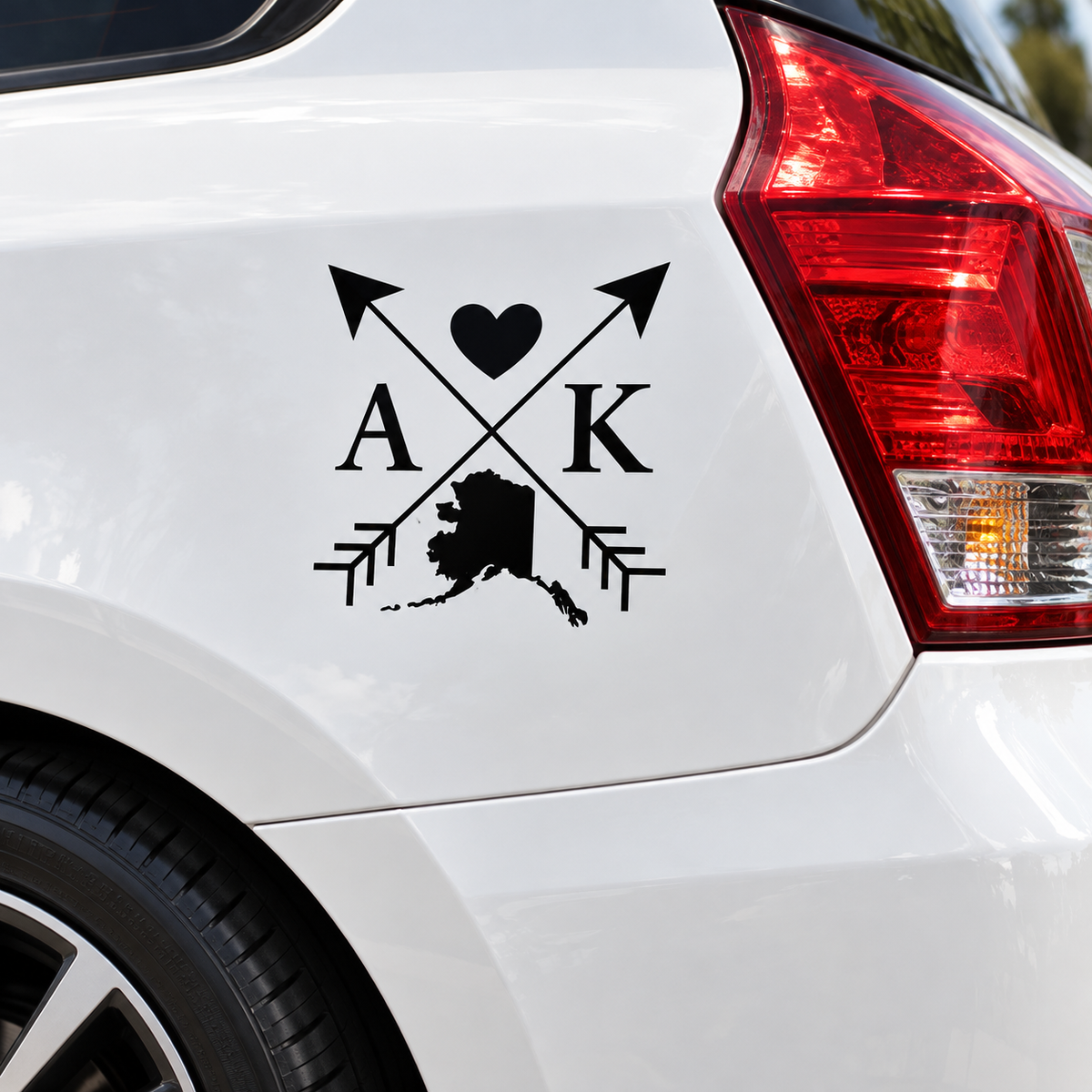 Black Alaska Love Cross Arrow State AK decal mockup on white car body