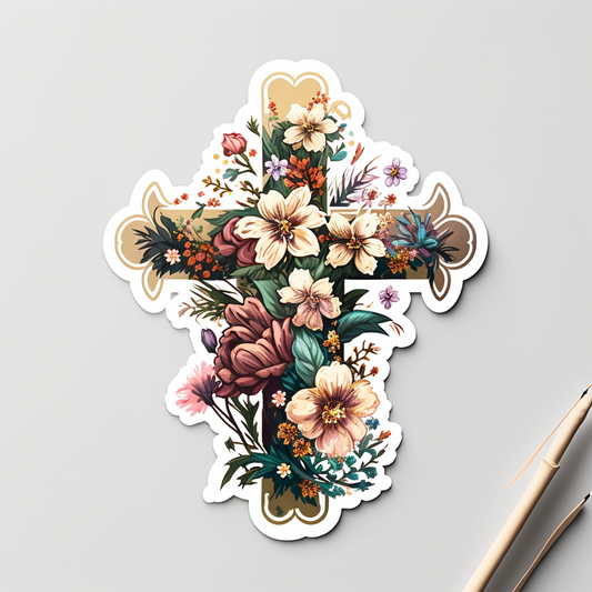Cross Flower Christian Vinyl Decal Sticker for Car, Laptop, Tumbler and more # 1600