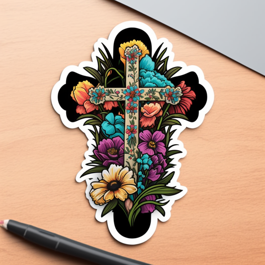 Cross with flowers Vinyl Decal Sticker for Car, Laptop, Tumbler and more # 1602