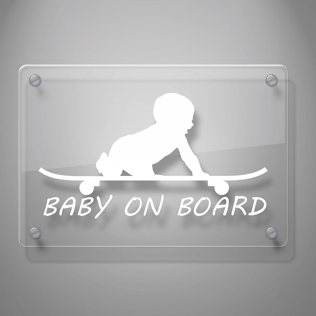 White baby on skateboard decal displayed on panel