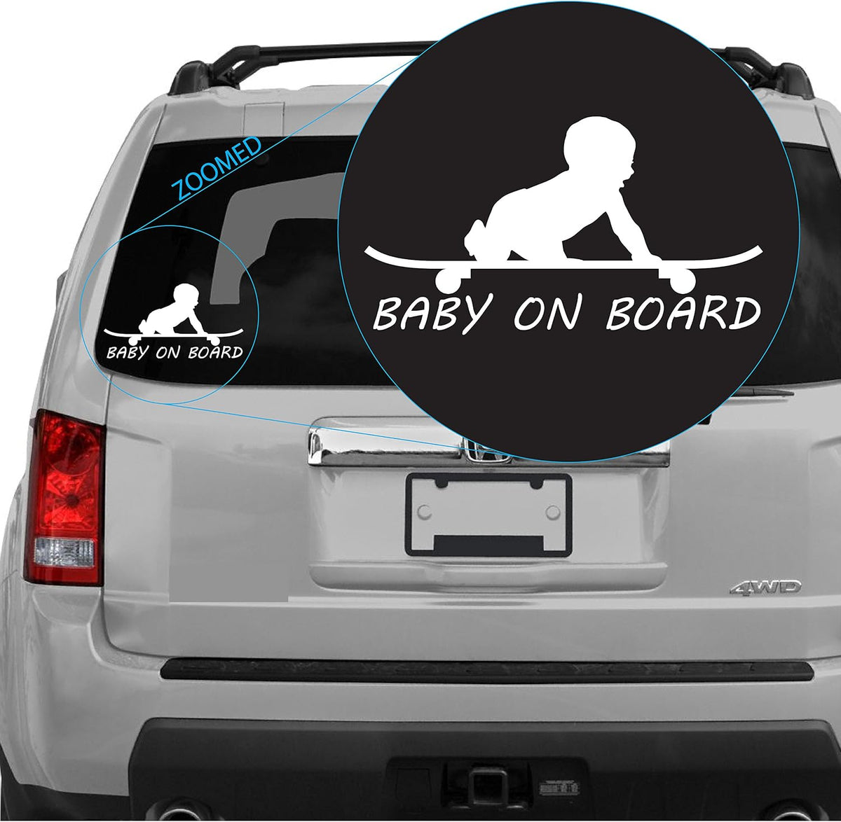 White Baby on Board skateboard transfer decal