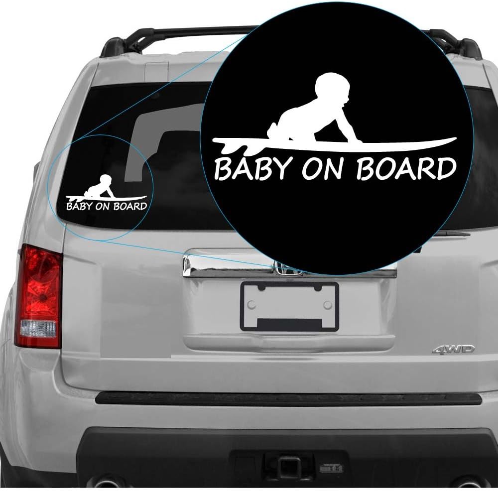 White Baby on Board surfboard decal on car