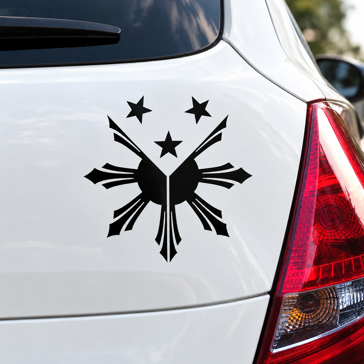 Black Filipino sun and three stars transfer decal mockup on white car