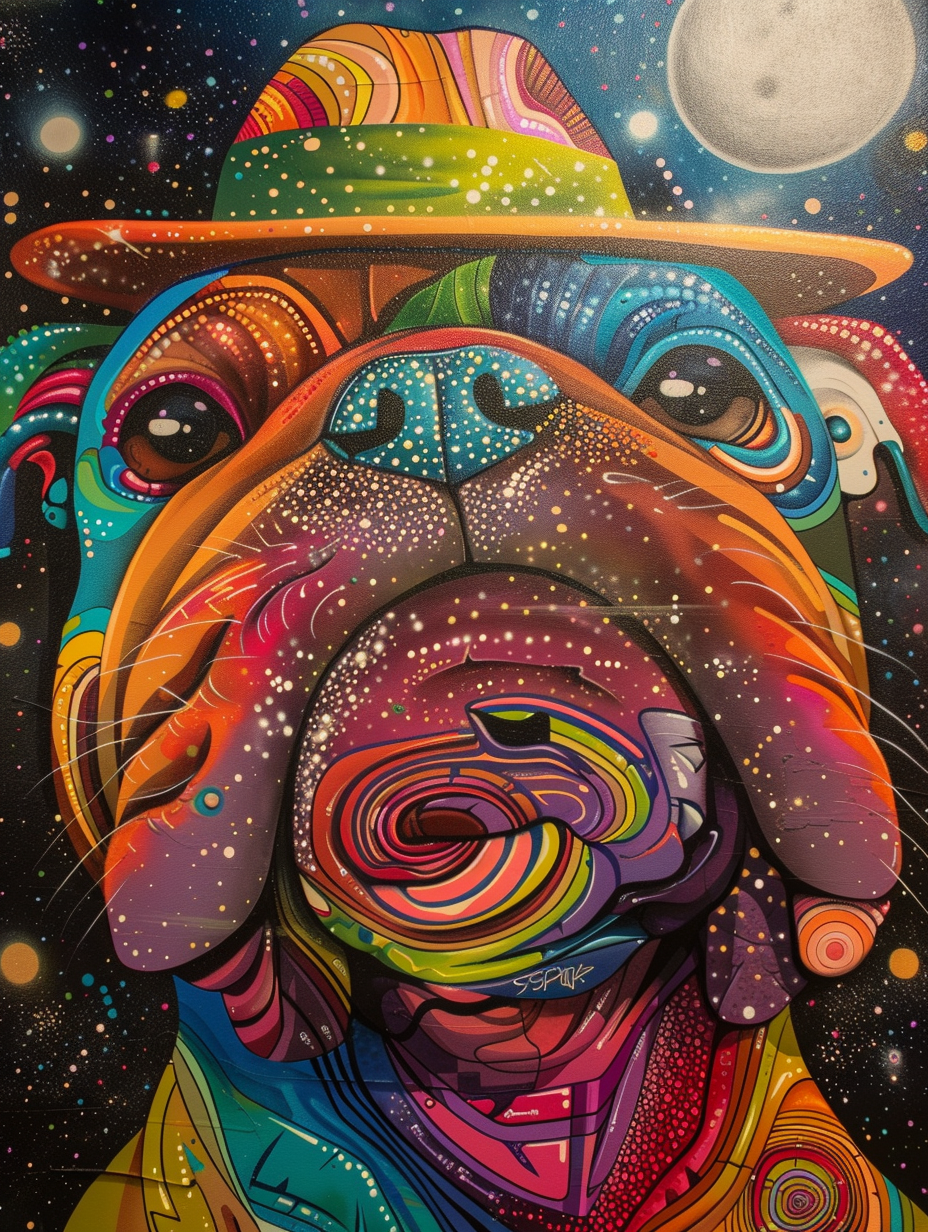 Colorful space Bulldog dog with a hat Expressive surreal Poster # F025030