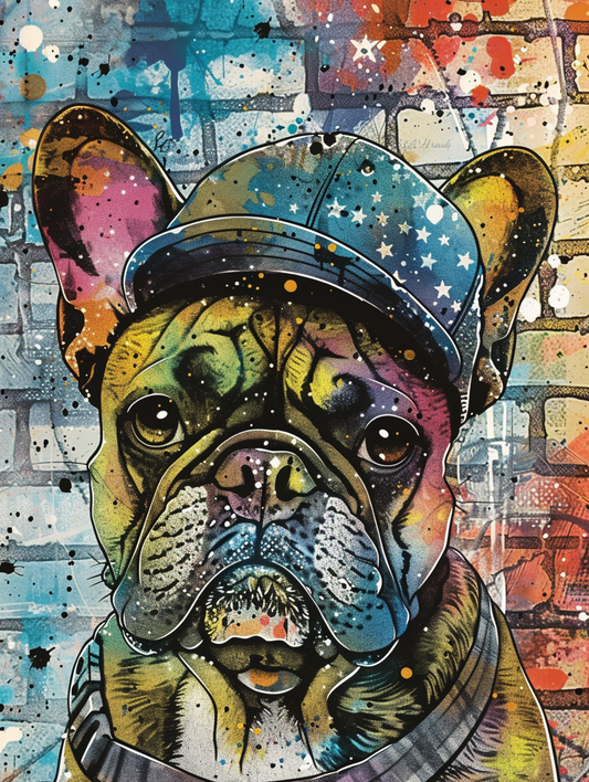 Colorful space Bulldog dog with a hat Expressive surreal Poster # F025389