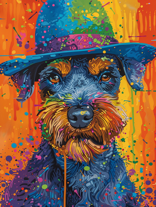 Colorful space Miniature Schnauzer dog with a hat Expressive surreal Poster # F024452