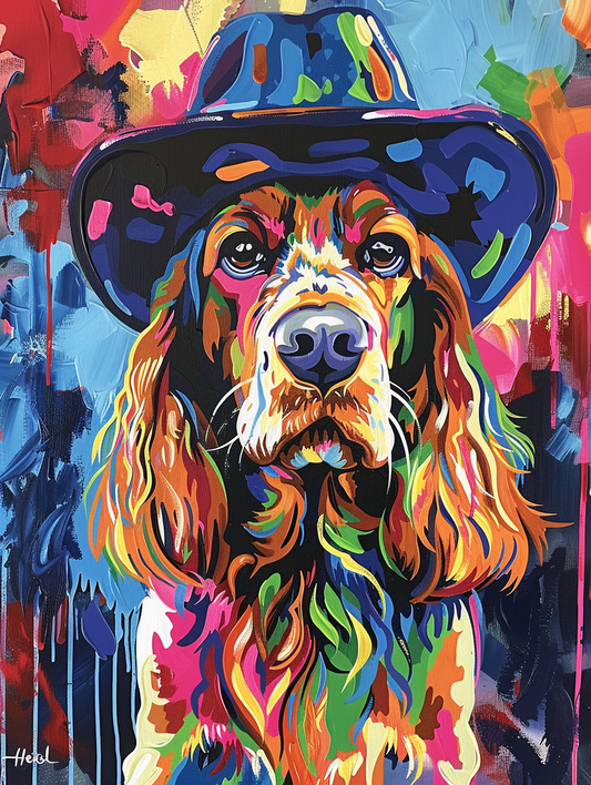 Colorful space Cocker Spaniel dog with a hat Expressive surreal Poster # F024412
