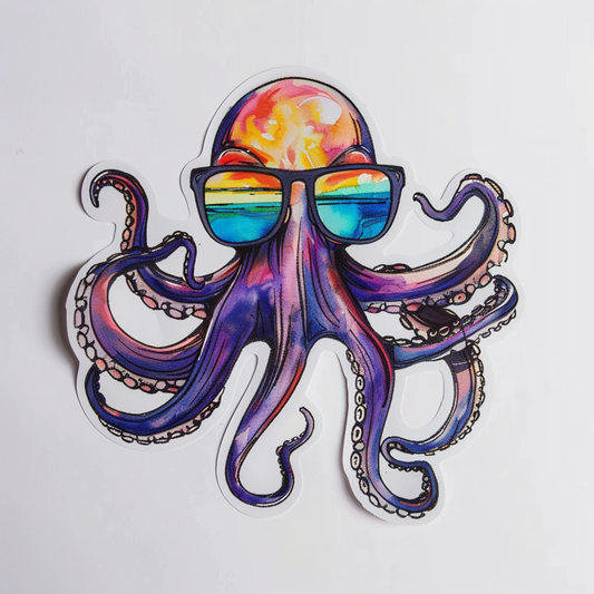 Sticker of a Octopus wearing sunglasses majestic Expressive surreal Vinyl Decal Sticker for Car, Laptop, Tumbler and more # F015399