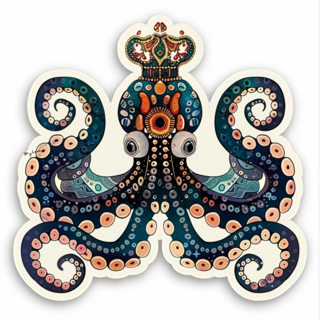 Sticker of a Octopus crowned majestic Expressive surreal Vinyl Decal Sticker for Car, Laptop, Tumbler and more # F015514