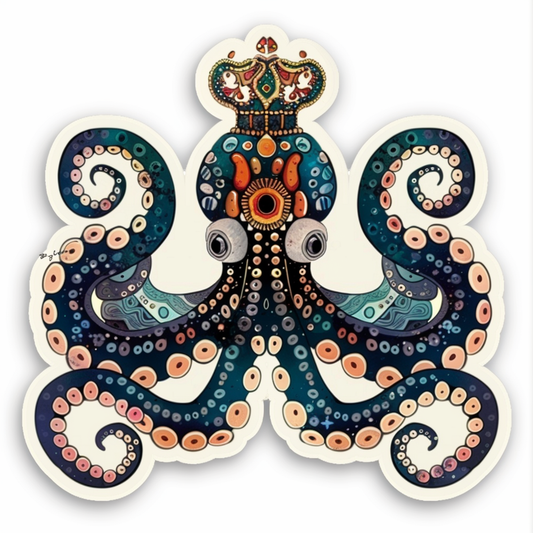 Sticker of a Octopus crowned majestic Expressive surreal Vinyl Decal Sticker for Car, Laptop, Tumbler and more # F015514