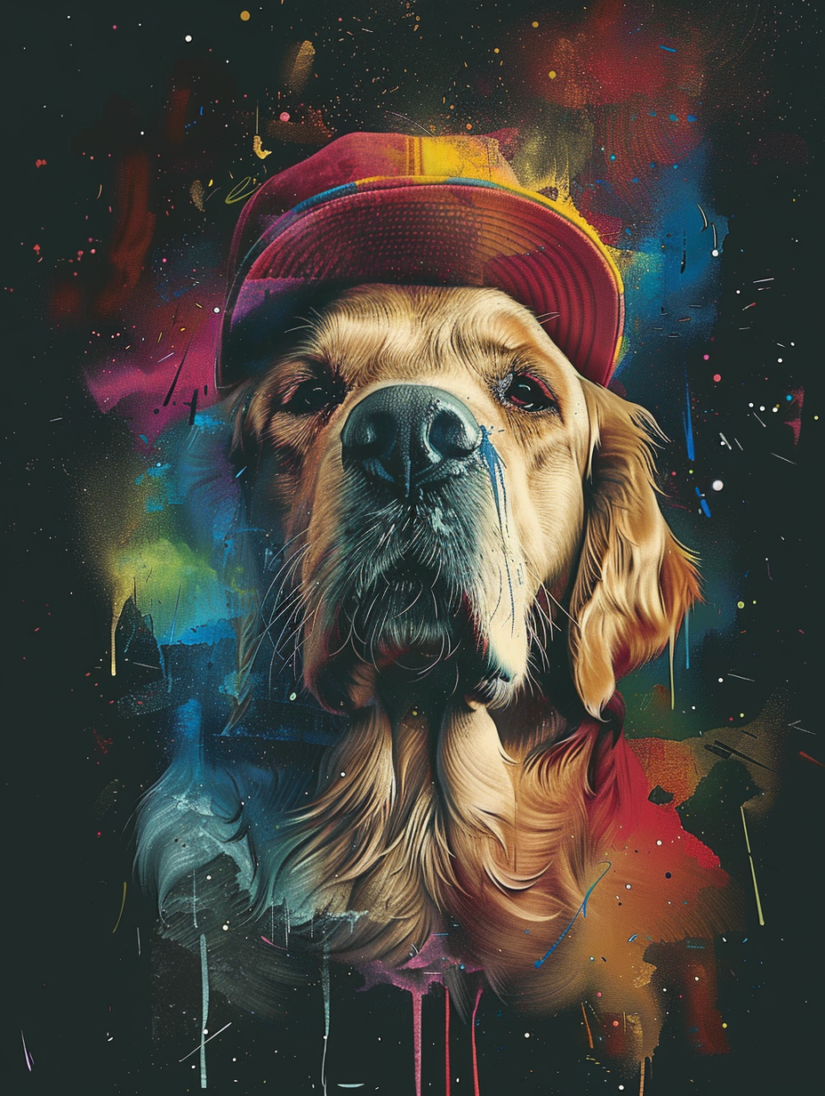 Colorful space Golden Retriever dog with a hat Expressive surreal Poster # F025425