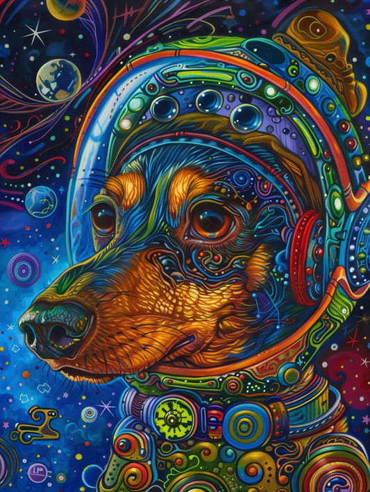 Colorful space Dachshund dog with a hat Expressive surreal Poster # F024497