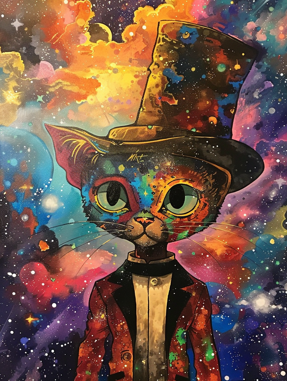 Colorful space Savannah cat with a hat Expressive surreal Poster # F025362