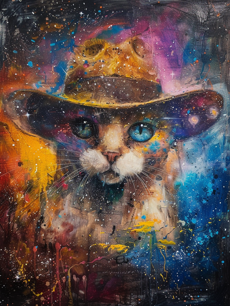 Colorful space Scottish Fold cat with a hat Expressive surreal Poster # F025297
