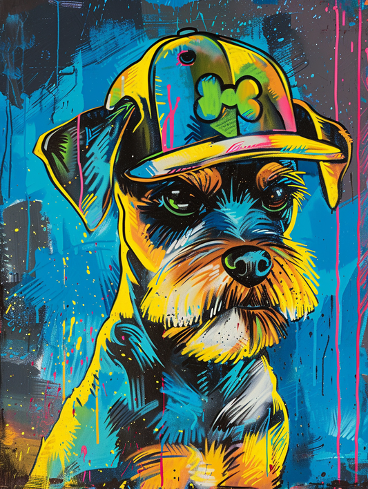 colorful space Miniature Schnauzer dog with a hat Expressive surreal Poster # F025531