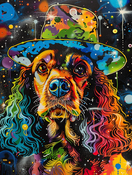 Colorful space Cocker Spaniel dog with a hat Expressive surreal Poster # F024414