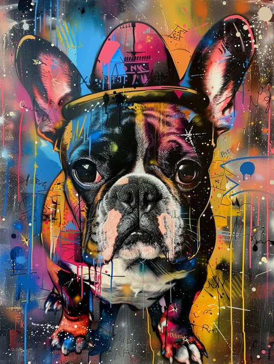 Colorful space Bulldog dog with a hat Expressive surreal Poster # F024517