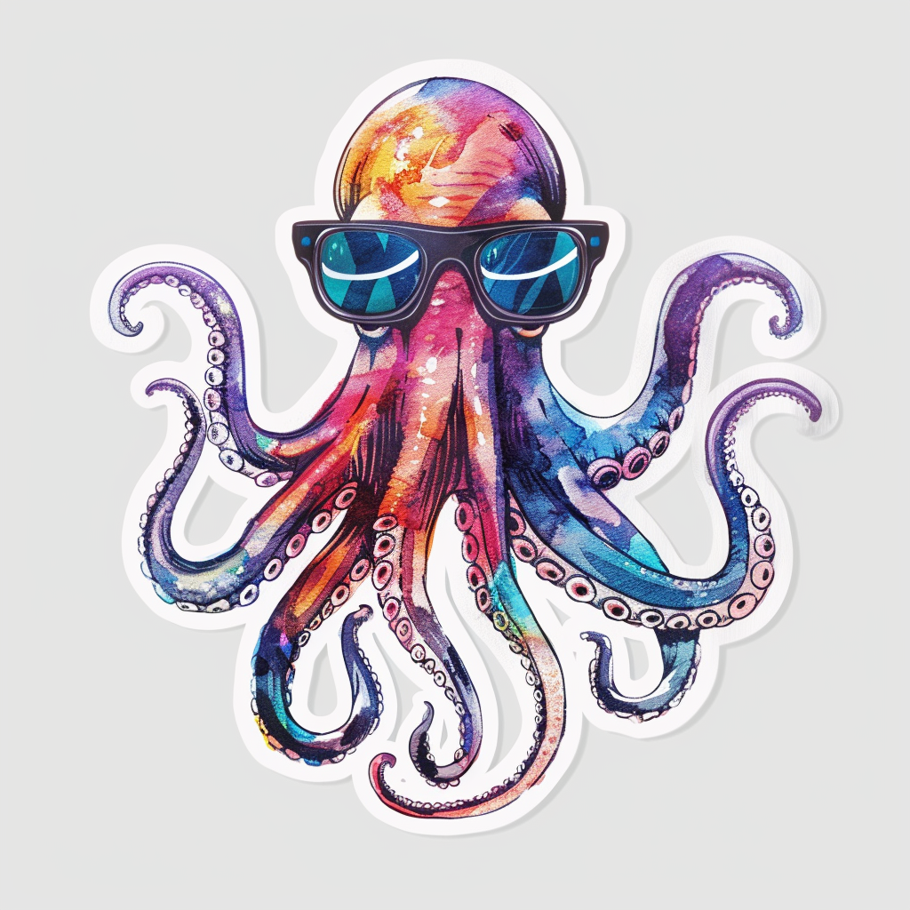 Sticker of a Octopus wearing sunglasses majestic Expressive surreal Vinyl Decal Sticker for Car, Laptop, Tumbler and more # F015415