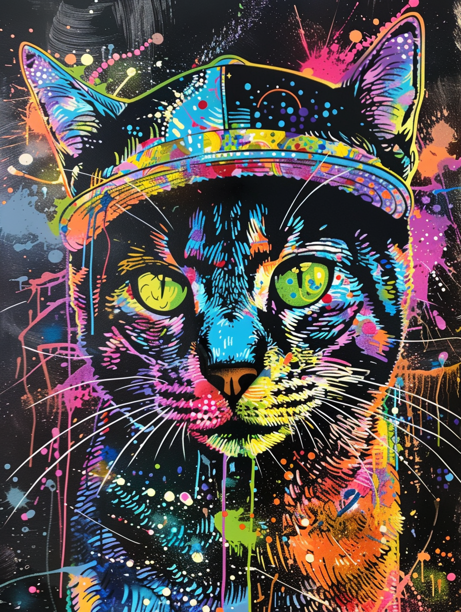 Colorful space Bengal cat with a hat Expressive surreal Poster # F025312