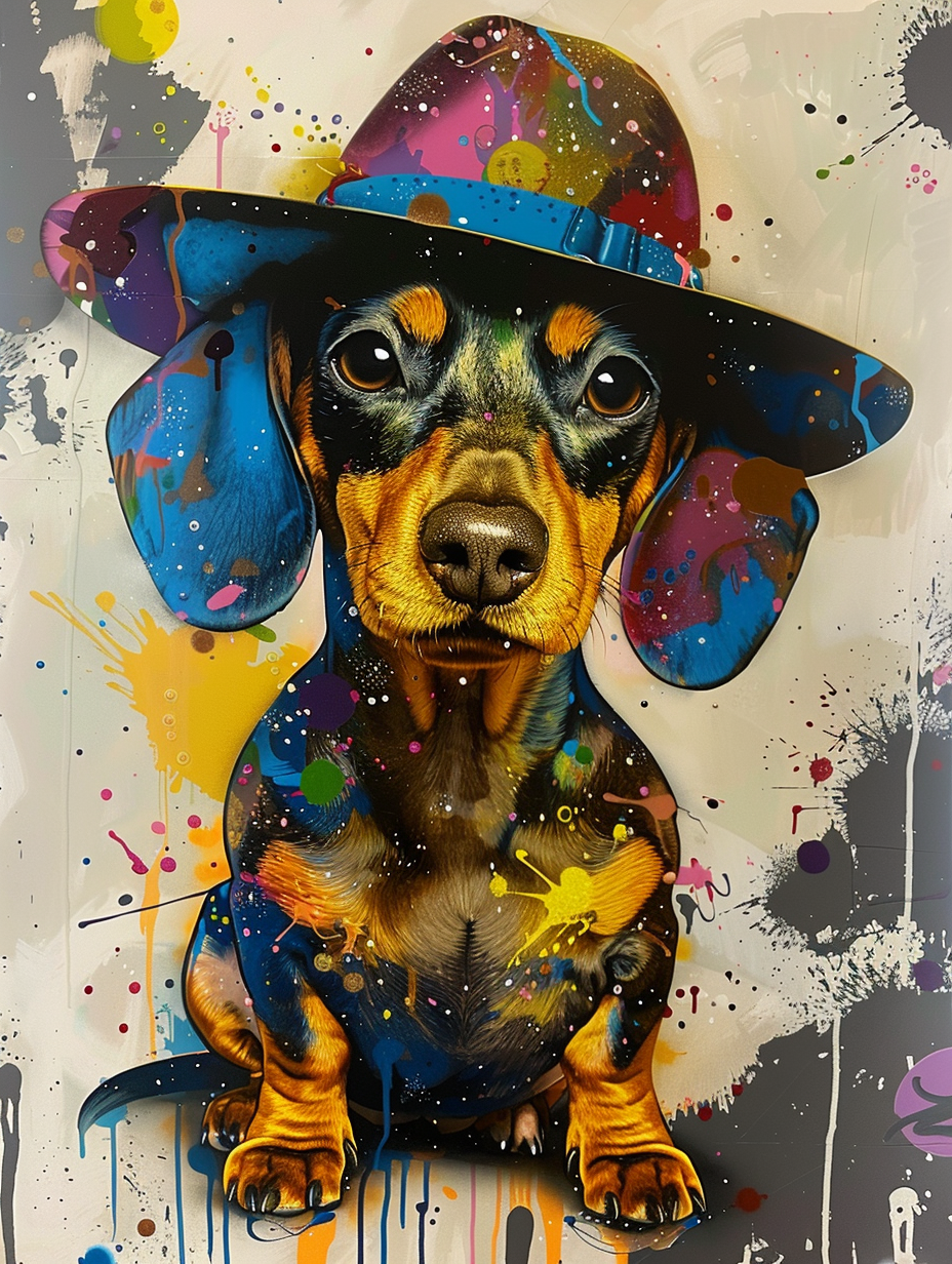 Colorful space Dachshund dog with a hat Expressive surreal Poster # F024567