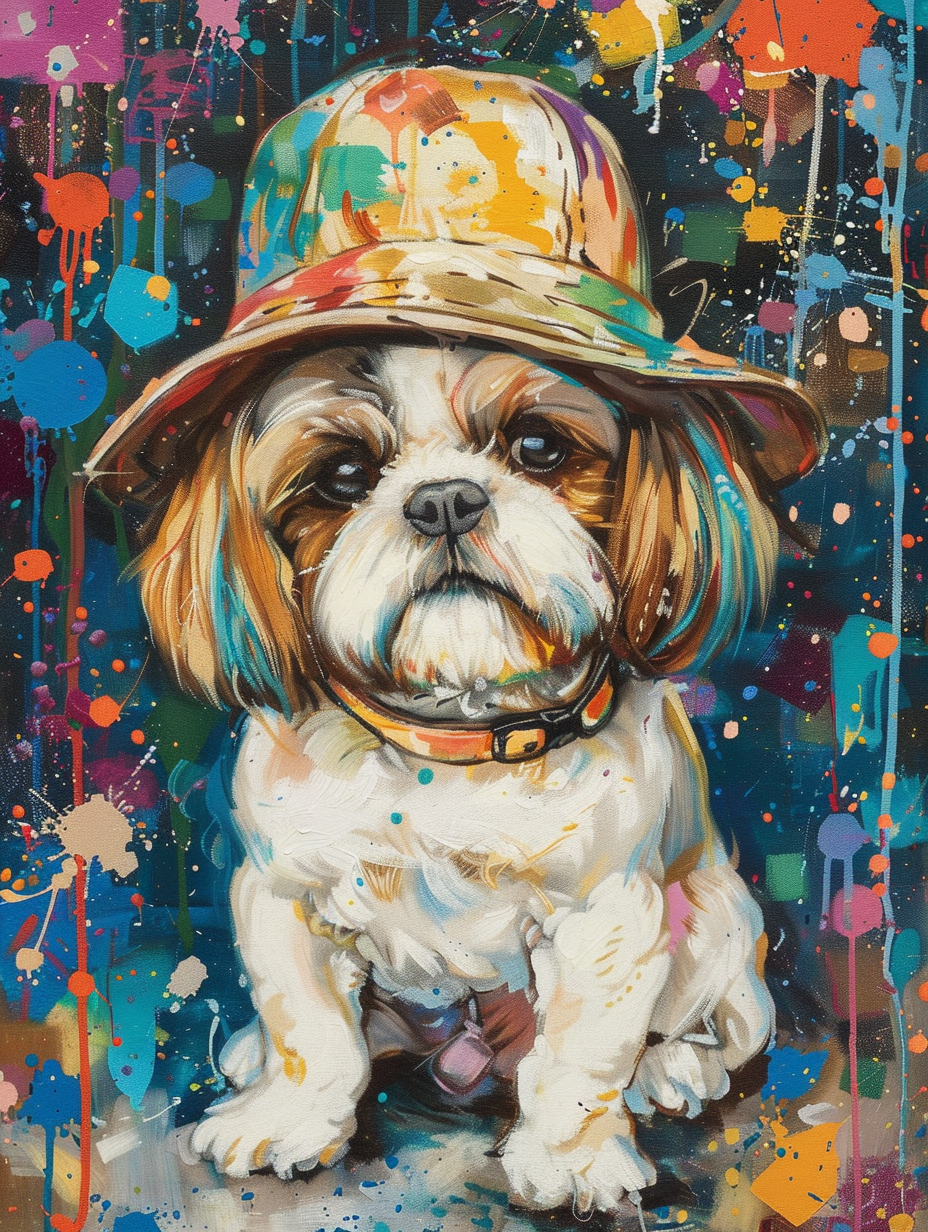 Colorful space Shih Tzu dog with a hat Expressive surreal Poster # F025110