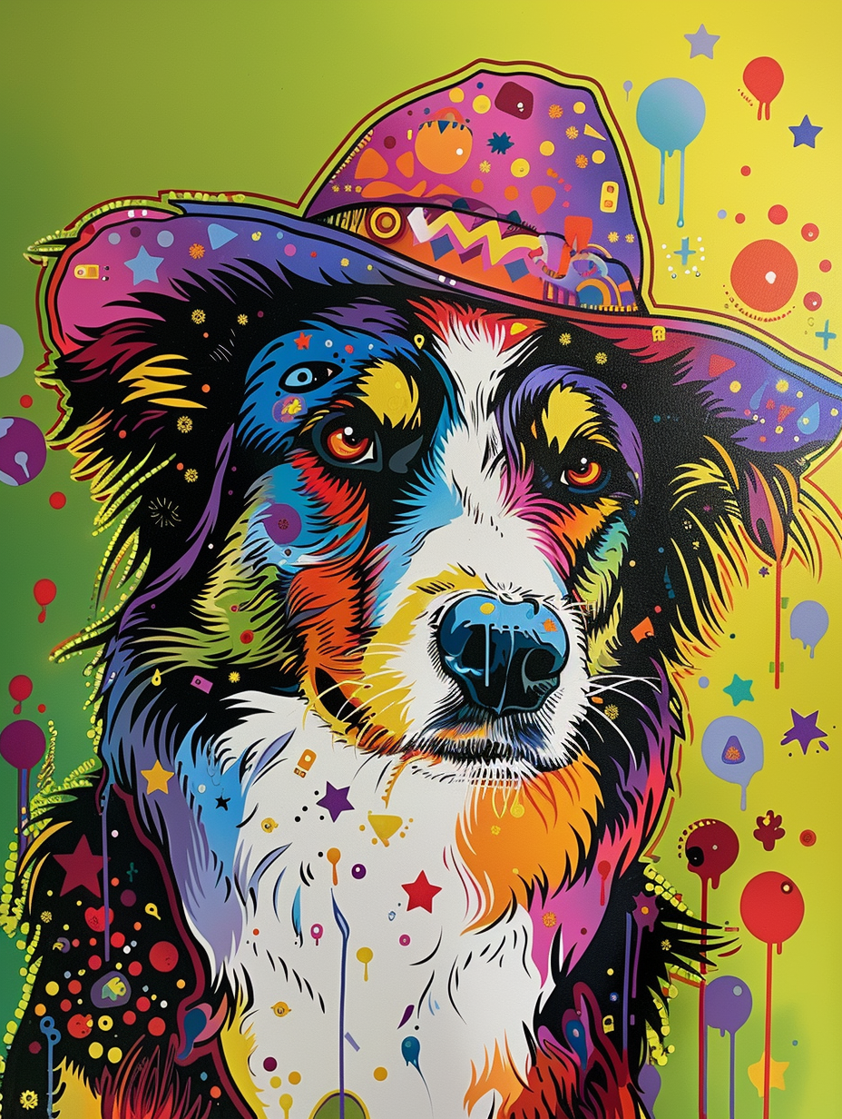 Colorful space Border Collie dog with a hat Expressive surreal Poster # F024622