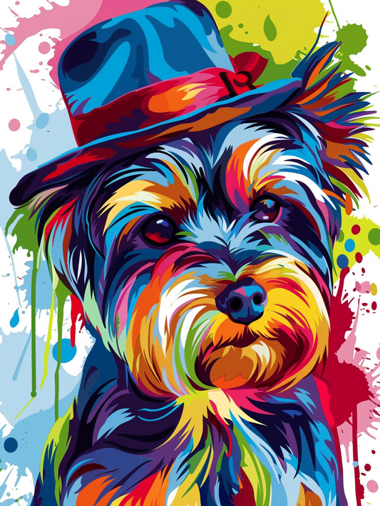 Colorful space Yorkshire Terrier dog with a hat Expressive surreal Poster # F024970