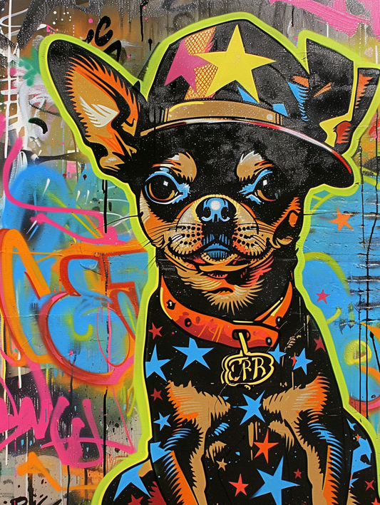 Colorful space Chihuahua dog with a hat Expressive surreal Poster # F024979