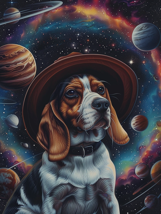 Colorful space Beagle dog with a hat Expressive surreal Poster # F025099