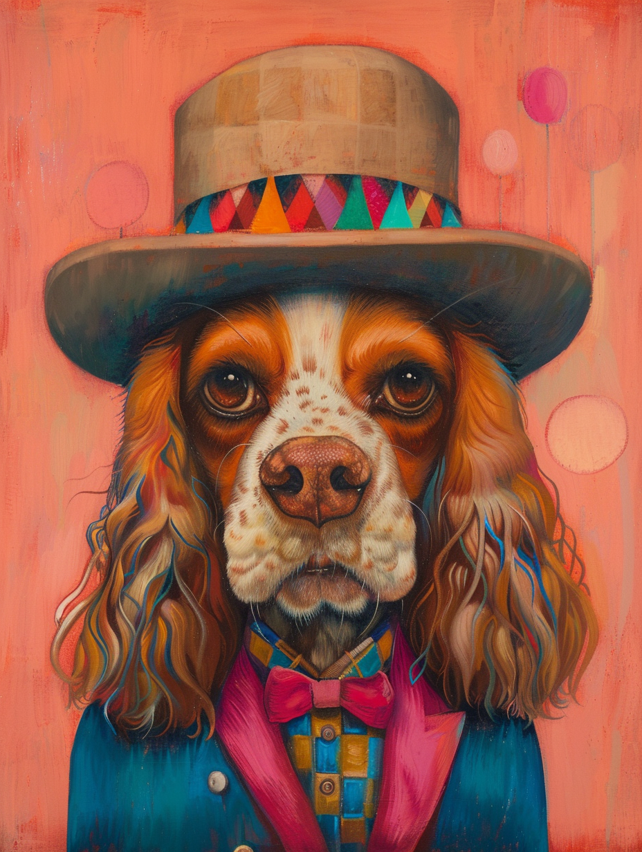 Colorful space Cocker Spaniel dog with a hat Expressive surreal Poster # F025149