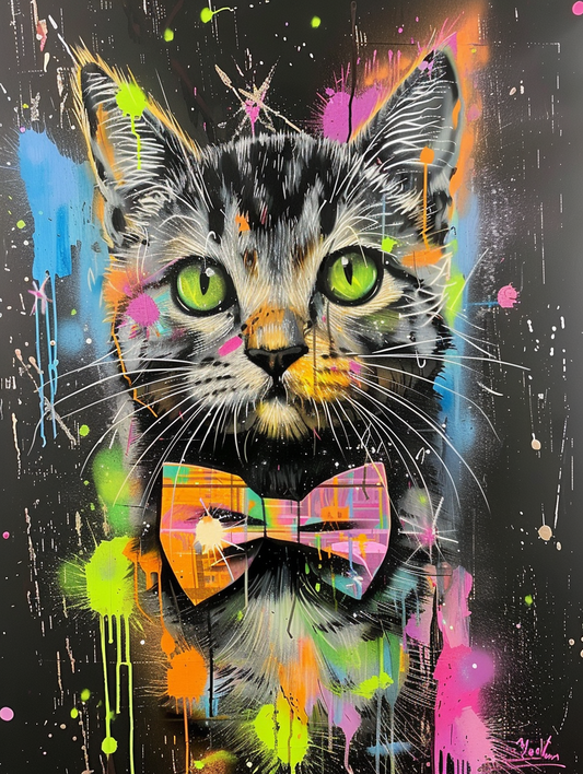 Colorful space American Shorthair cat with a bow Expressive surreal Poster # F024307