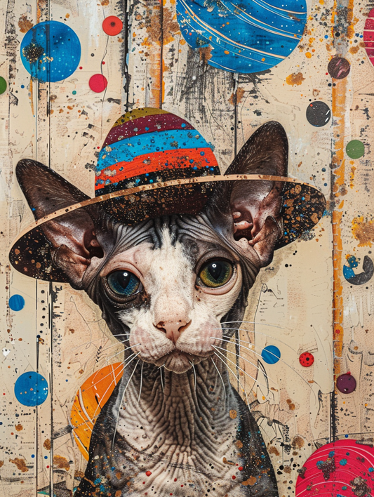 Colorful space Cornish Rex cat with a hat Expressive surreal Poster # F025363