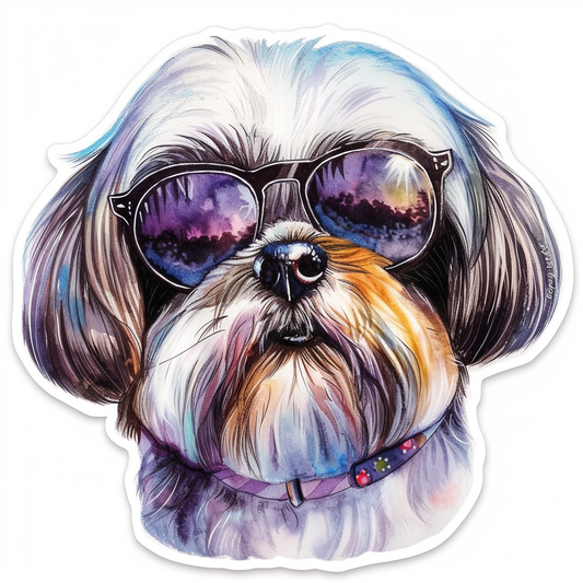 Shih Tzu Dog wearing sunglasses majestic Expressive surreal Vinyl Decal Sticker for Car, Laptop, Tumbler and more # F018718