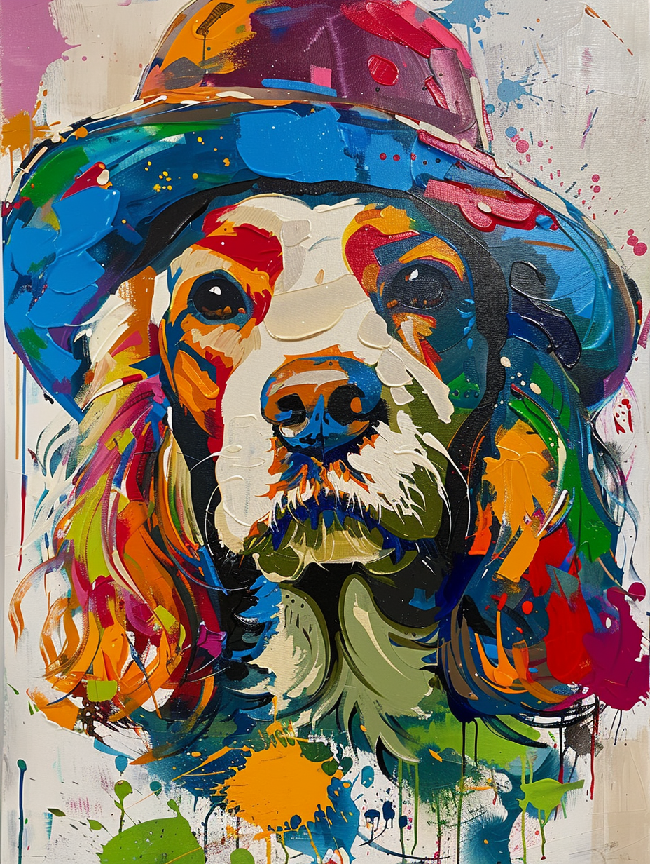 colorful space Cocker Spaniel dog with a hat Expressive surreal Poster # F025439