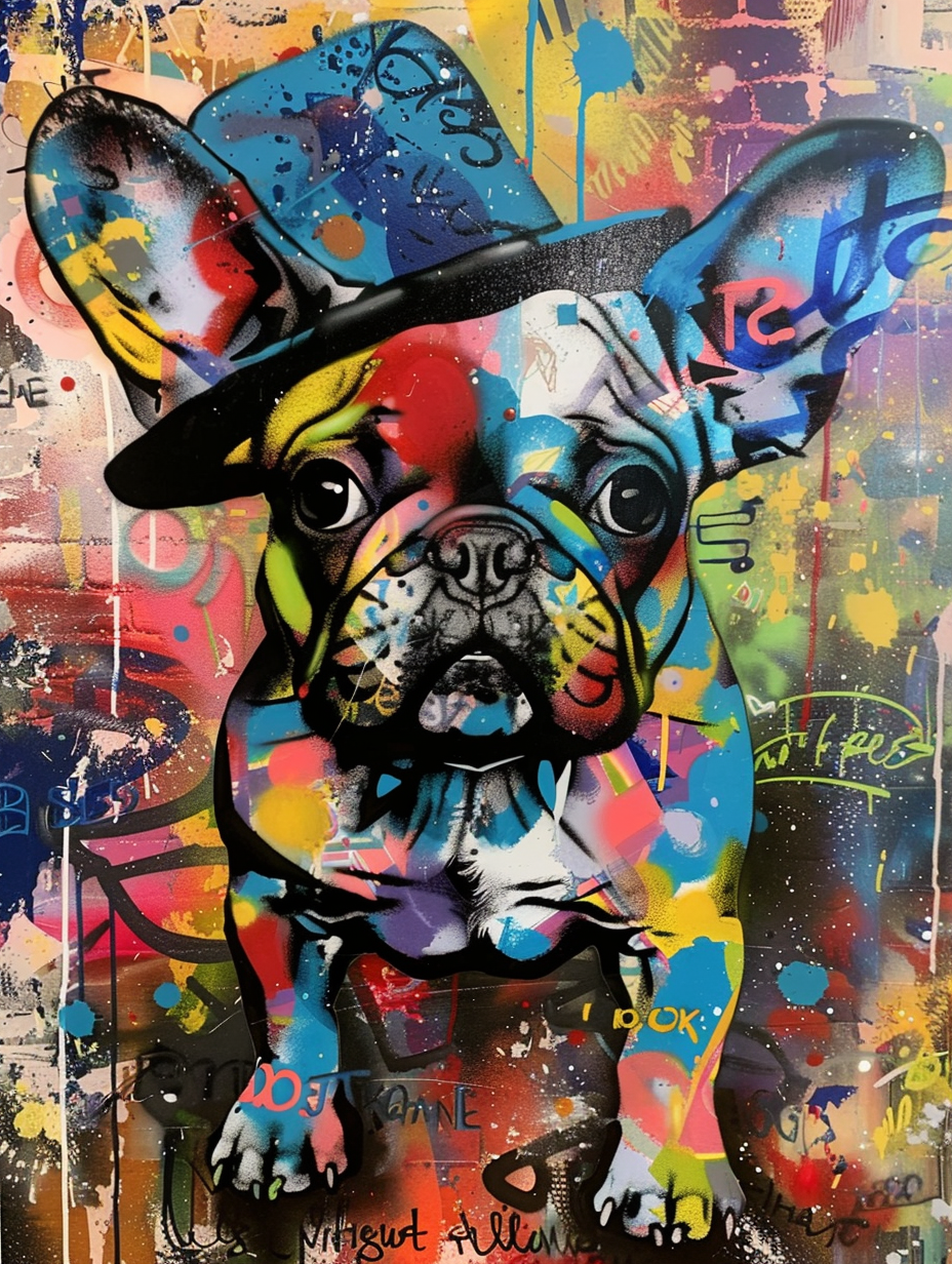 Colorful space Bulldog dog with a hat Expressive surreal Poster # F025046