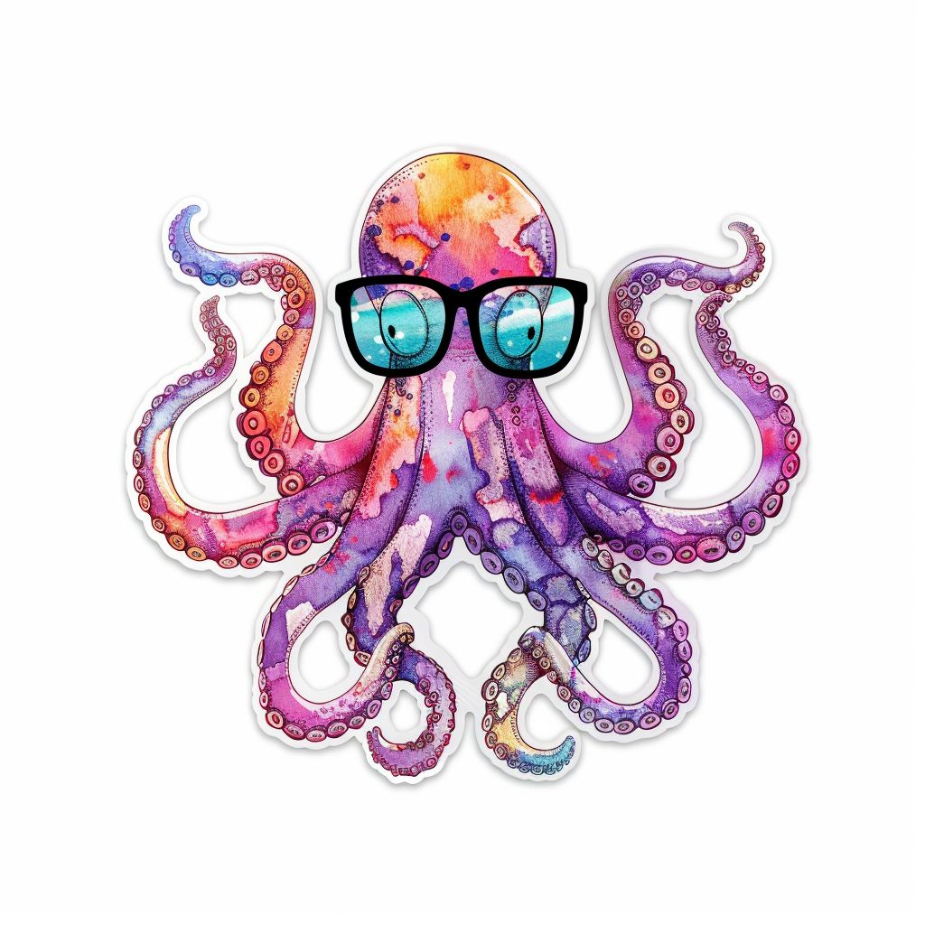 Sticker of a Octopus wearing sunglasses majestic Expressive surreal Vinyl Decal Sticker for Car, Laptop, Tumbler and more # F015381