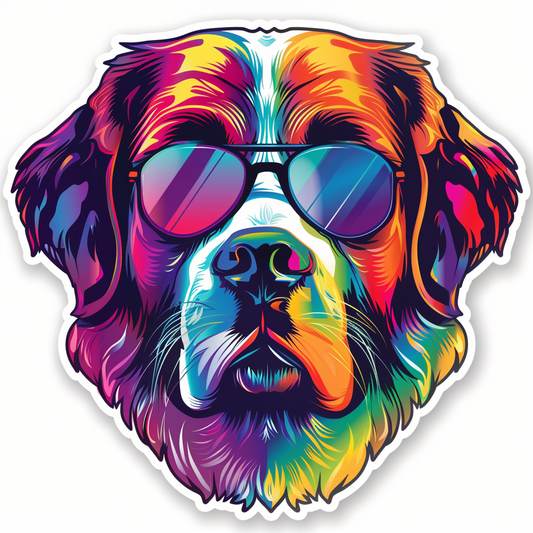 Saint Bernard Cool Neon Party in sunglasses Expressive surreal Vinyl Decal Sticker for Car, Laptop, Tumbler and more # F018064