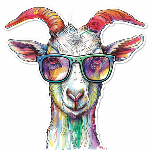 Goat wearing sunglasses Expressive surreal Vinyl Decal Sticker for Car, Laptop, Tumbler and more # F020409-4" x 4"