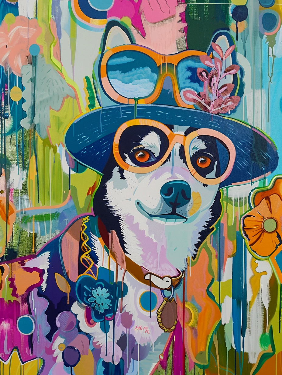 Colorful space Siberian Husky dog with a hat Expressive surreal Poster # F024960