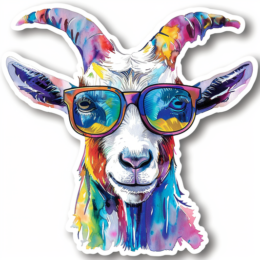 Goat wearing sunglasses Expressive surreal Vinyl Decal Sticker for Car, Laptop, Tumbler and more # F020428-4" x 4"