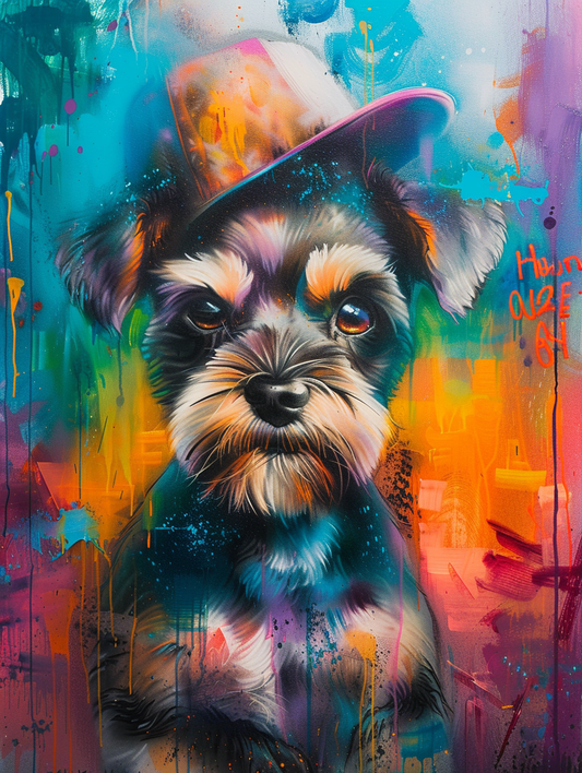 Colorful space Miniature Schnauzer dog with a hat Expressive surreal Poster # F024611