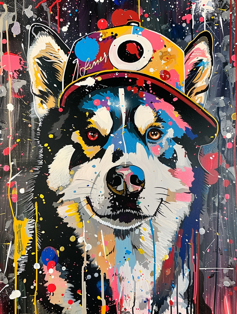 Colorful space Siberian Husky dog with a hat Expressive surreal Poster # F024548